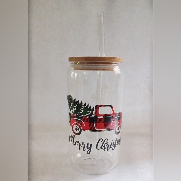 Merry Christmas glass cup with straw - Picture 2 of 2
